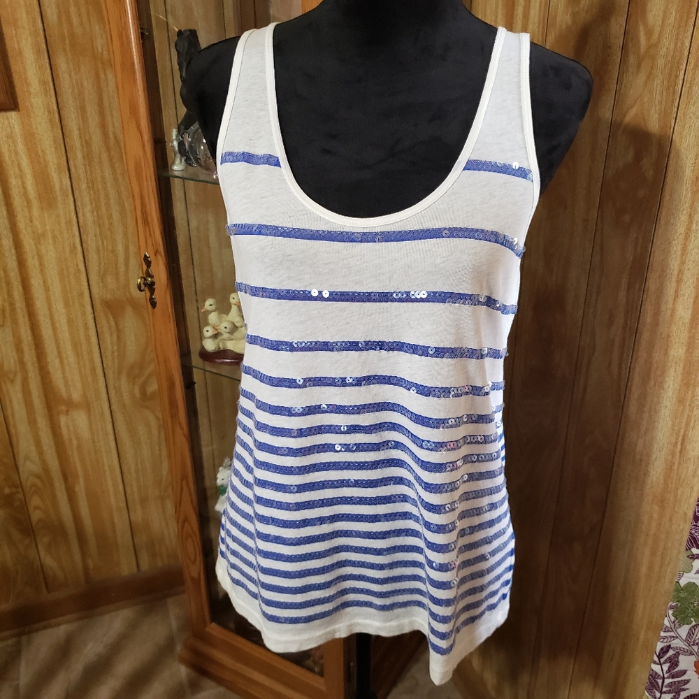 J. Crew White and Blue Sequin Tank Top